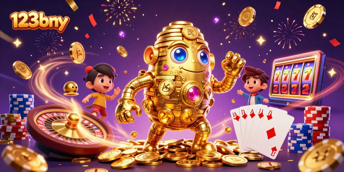 Experience thrilling wins at 123bny with a vibrant scene of gaming excitement and golden treasures.