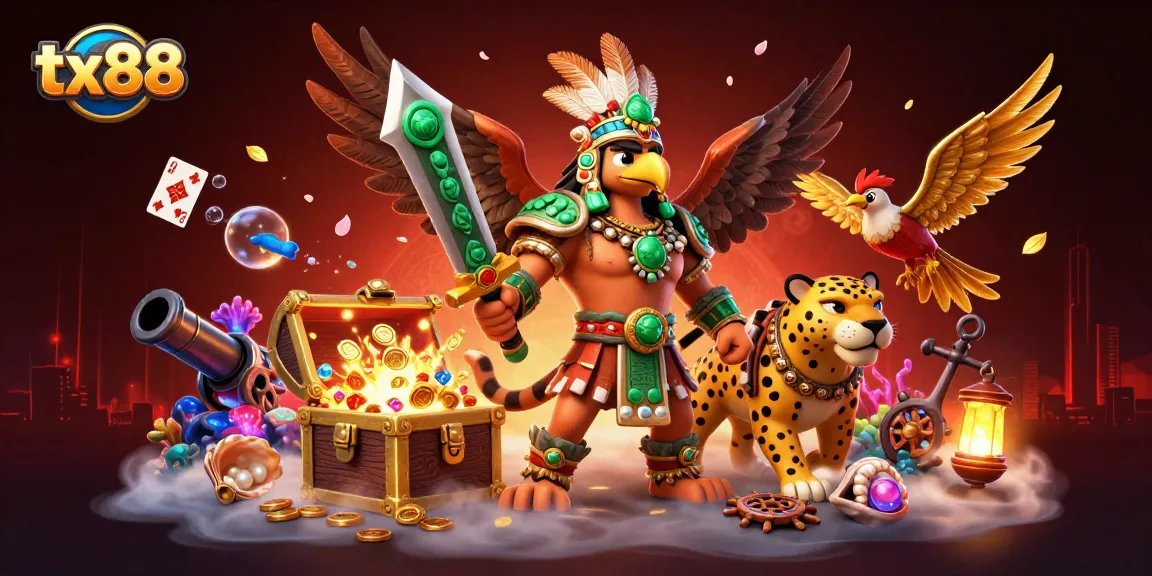 Action-packed tx88 casino scene featuring Aztec warriors, treasure chests, and vibrant game elements.