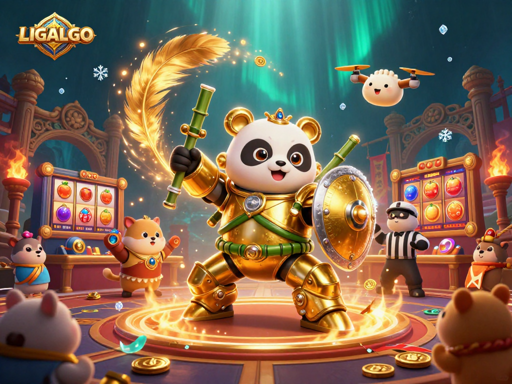 LIGALGO inspires excitement in this dynamic casino scene featuring a mech-suit panda, slot machines, and winning symbols.