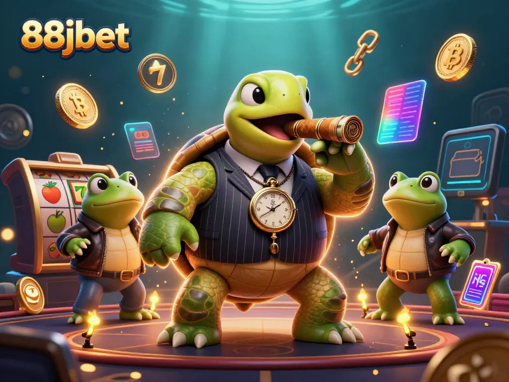 Experience 88jbet's lively casino atmosphere with a snapping turtle and bullfrog enforcers amidst vibrant game elements.