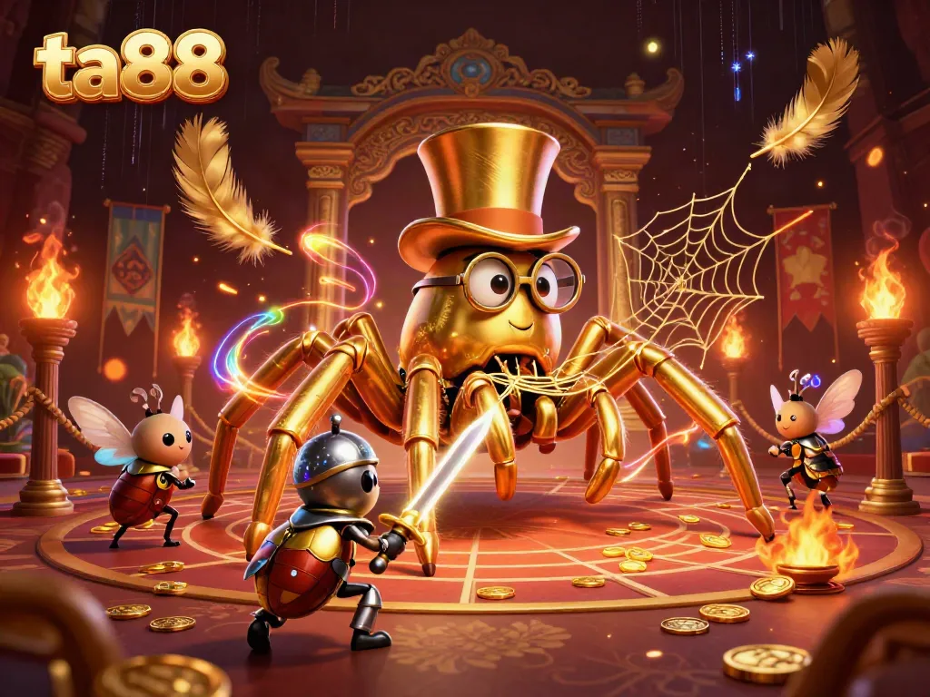 Experience thrilling gameplay at ta88 with a vibrant illustration of a golden tarantula and beetle knight in a dynamic casino scene.