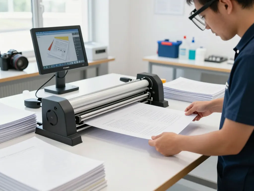 Bóc plastic demonstration in a modern workshop with technician carefully removing laminate from documents.