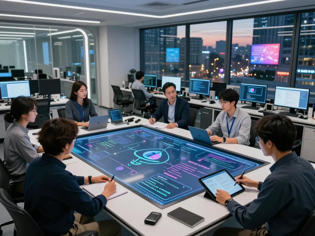 Team researching ai sex implications in a modern lab setting with data visualizations.