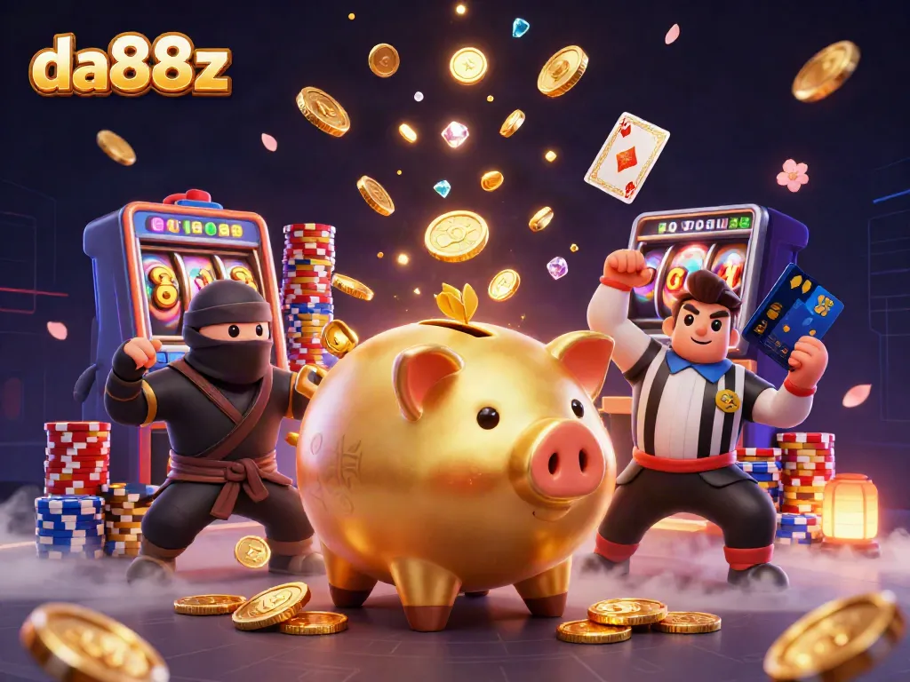 Engage in thrilling winning strategies with da88z's dynamic online casino atmosphere showcasing exciting slot games and lucky symbols.