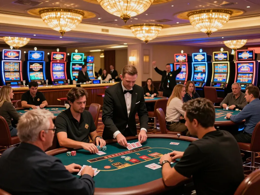 A dynamic scene of players engaging in gameplay at 58wiin's sophisticated casino floor, showcasing poker and roulette tables with excitement.