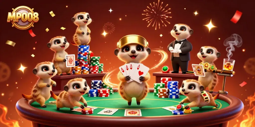 MPO08 shows lively meerkats managing a bustling casino with poker cards and colorful chips.