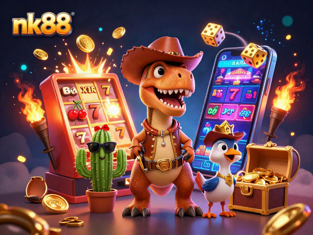 Engaging nk88 slot scene with a dinosaur cowboy, cactus sidekick, and roadrunner in action.