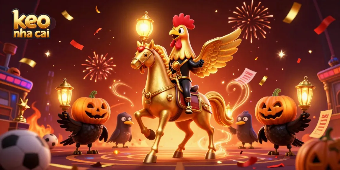 Engage with keo nha cai by witnessing a golden rooster racing in a vibrant casino scene filled with sports betting elements.