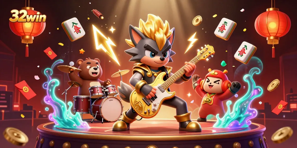 Experience thrilling action with 32win casino as a rock star wolf jams on stage surrounded by vibrant game elements.