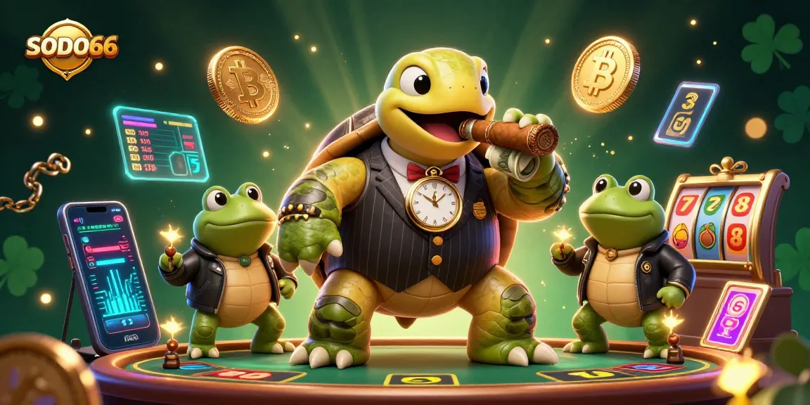 SODO66 engages players with a vibrant casino scene featuring characters and glowing crypto elements.