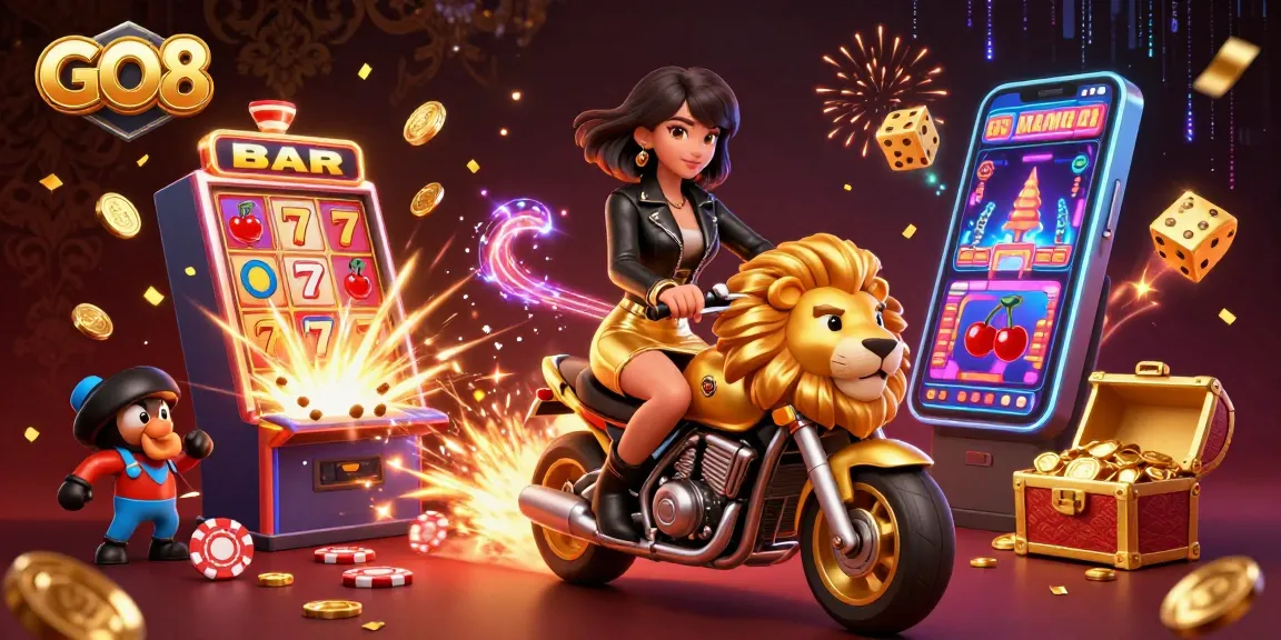 Engage in thrilling gameplay at GO8 with a dynamic casino scene featuring a vibrant Asian woman on a golden lion.