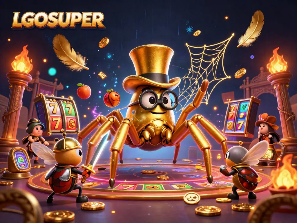 Engage with LGOSUPER's thrilling gaming world featuring a whimsical tarantula and knight in 3D action.