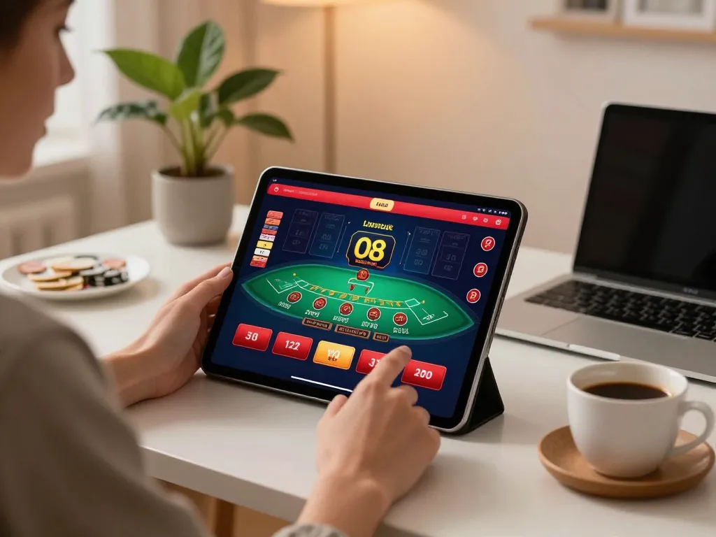Player enjoying a live dealer game on O8 platform in a cozy home setting.