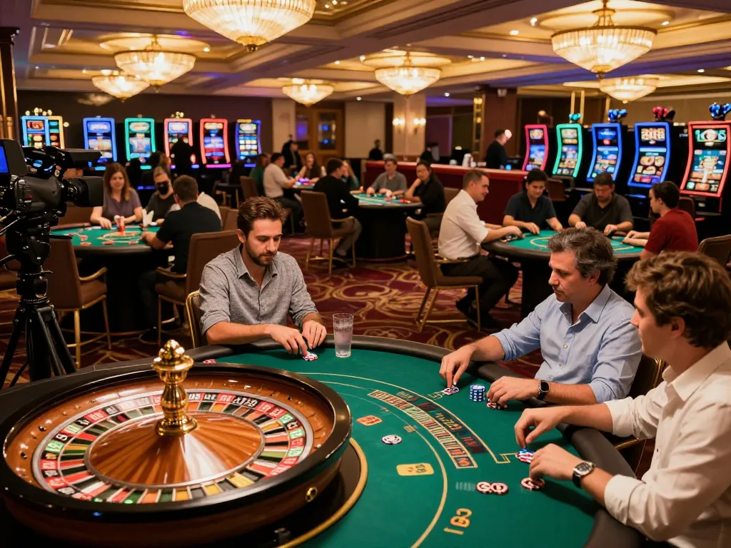 Schoeneckhotel vibrant casino scene showcasing engaging players at roulette and poker tables.
