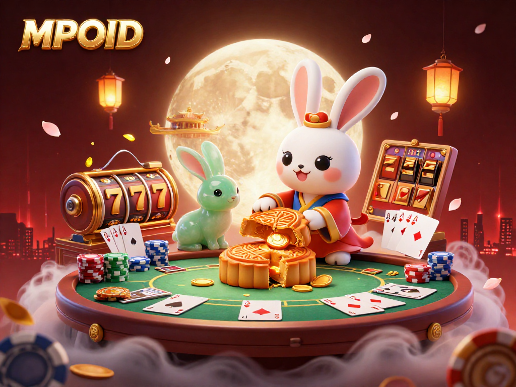 MPOID features a vibrant casino scene with slots, poker chips, and a charming moon rabbit.