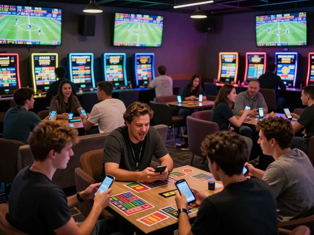 Kèo nhà cái hôm nay illustrated by passionate sports fans placing bets in a lively lounge
