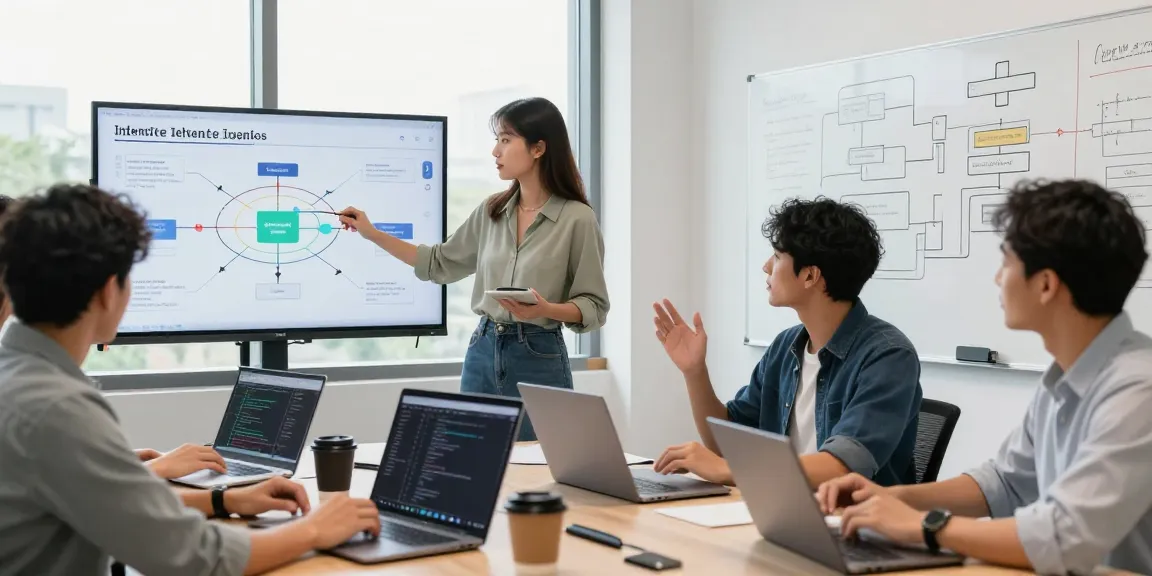 Build internal tools with AI in a modern office collaboration scene showcasing professionals engaged in innovative software development.