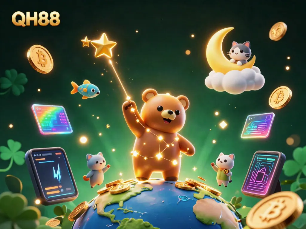 Win big with QH88 in this vibrant 3D digital casino illustration featuring a constellation bear and crypto elements.