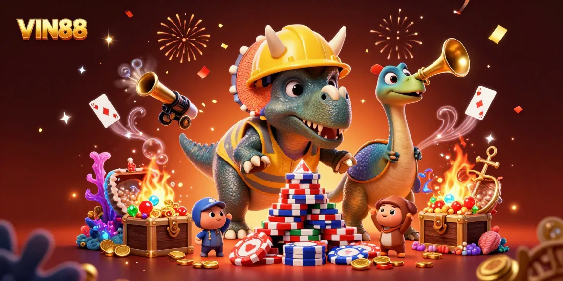VIN88 invites gamblers to celebrate wins with a 3D cartoon scene of poker chips and joyful creatures.