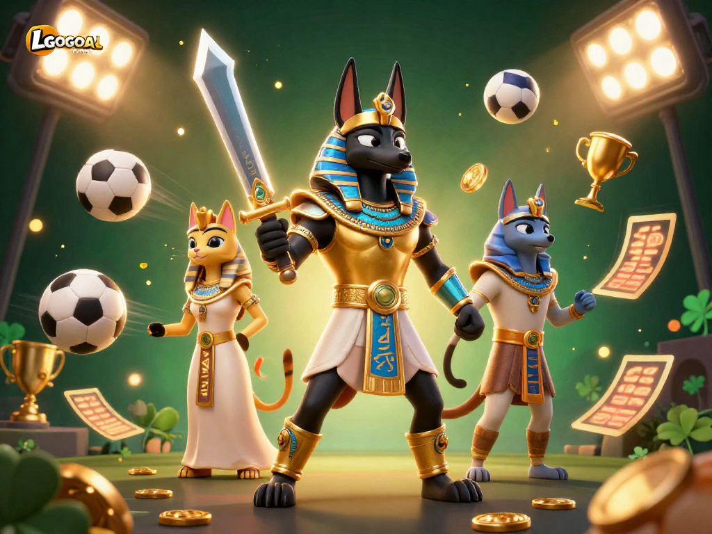 Engage with LGOGOAL's vibrant sports betting scene showcasing Anubis and Bastet amidst dynamic game elements.