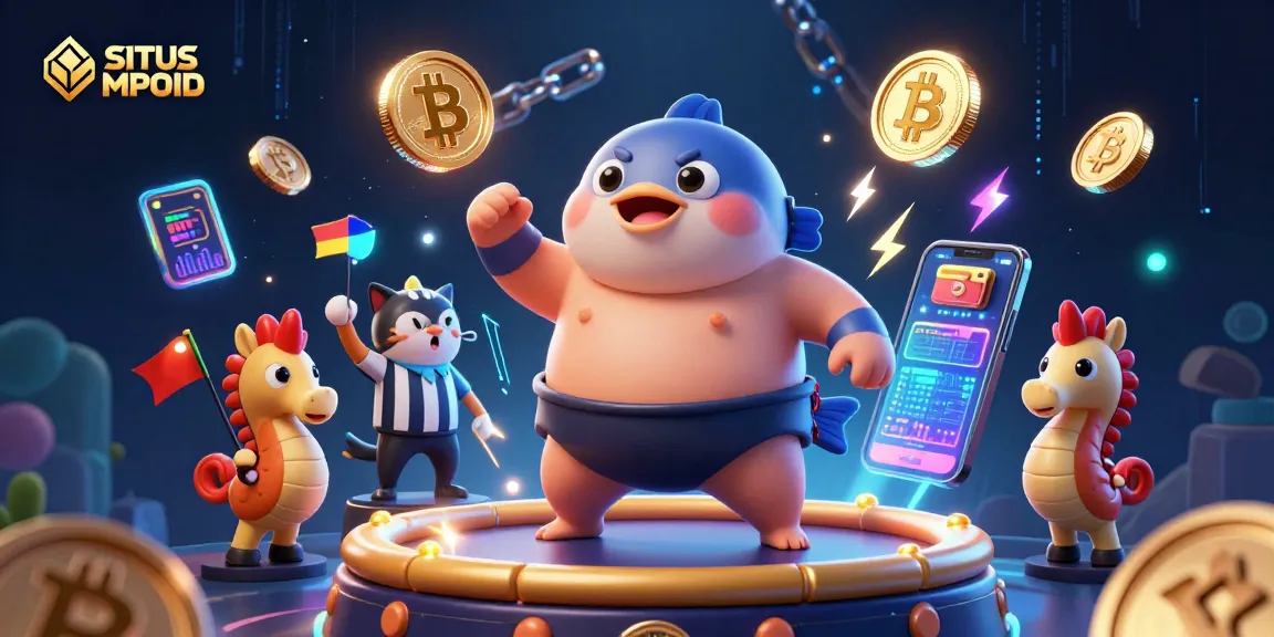 Engage with games on SITUS MPOID featuring an exciting underwater scene of a blowfish in a sumo ring amidst crypto elements.