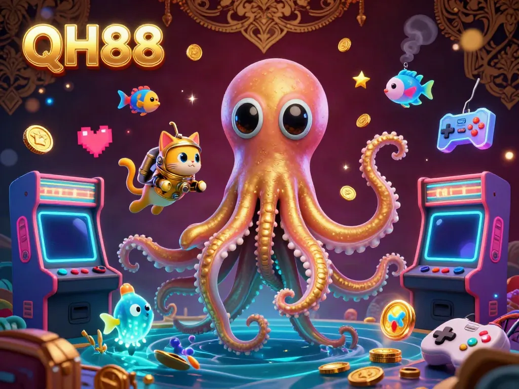 Bet on QH88 with a vibrant 3D kraken, diving cat, and magical golden elements.