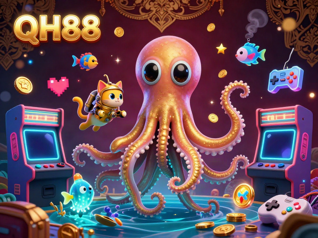 Bet on QH88 with a vibrant 3D kraken, diving cat, and magical golden elements.