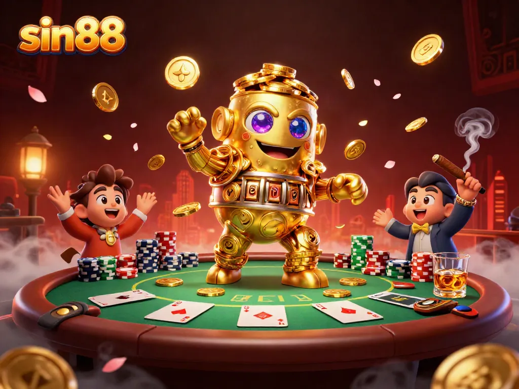 Experience thrilling gameplay at sin88 with a vibrant 3D casino illustration featuring a golden golem amidst poker and slot symbols.