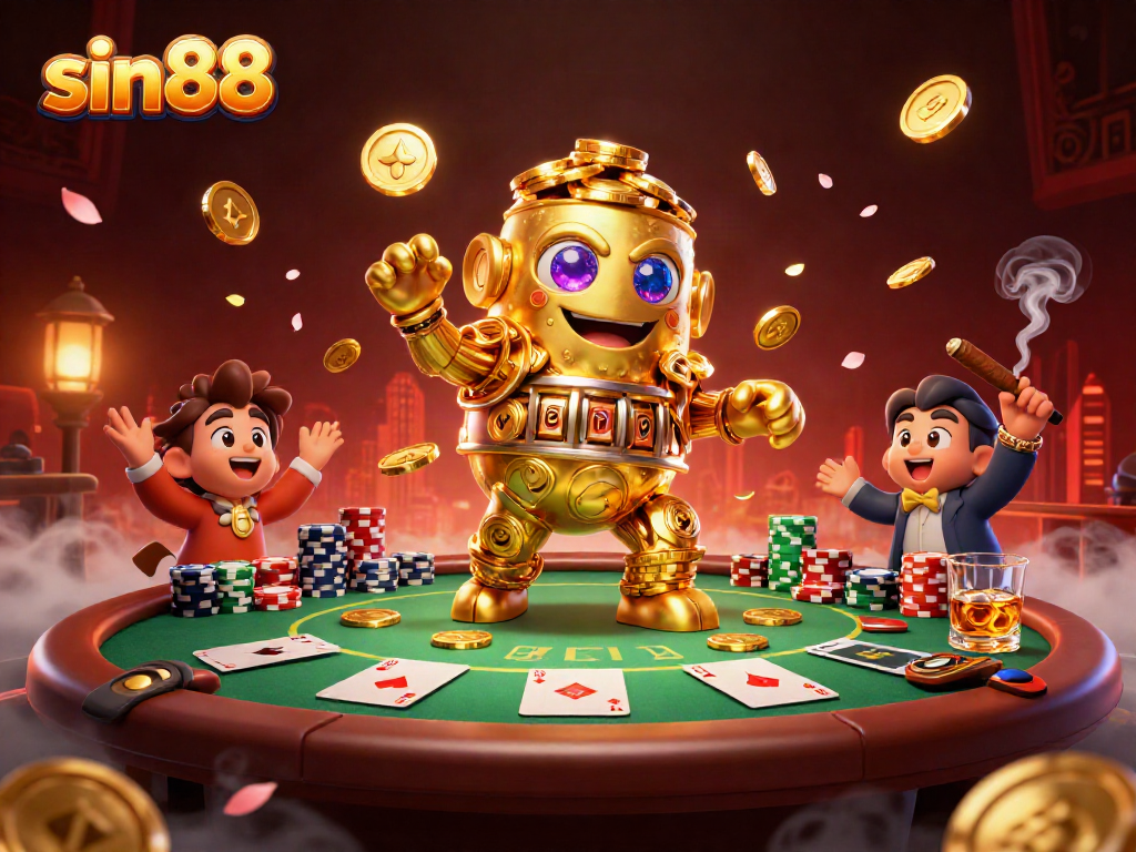 Experience thrilling gameplay at sin88 with a vibrant 3D casino illustration featuring a golden golem amidst poker and slot symbols.