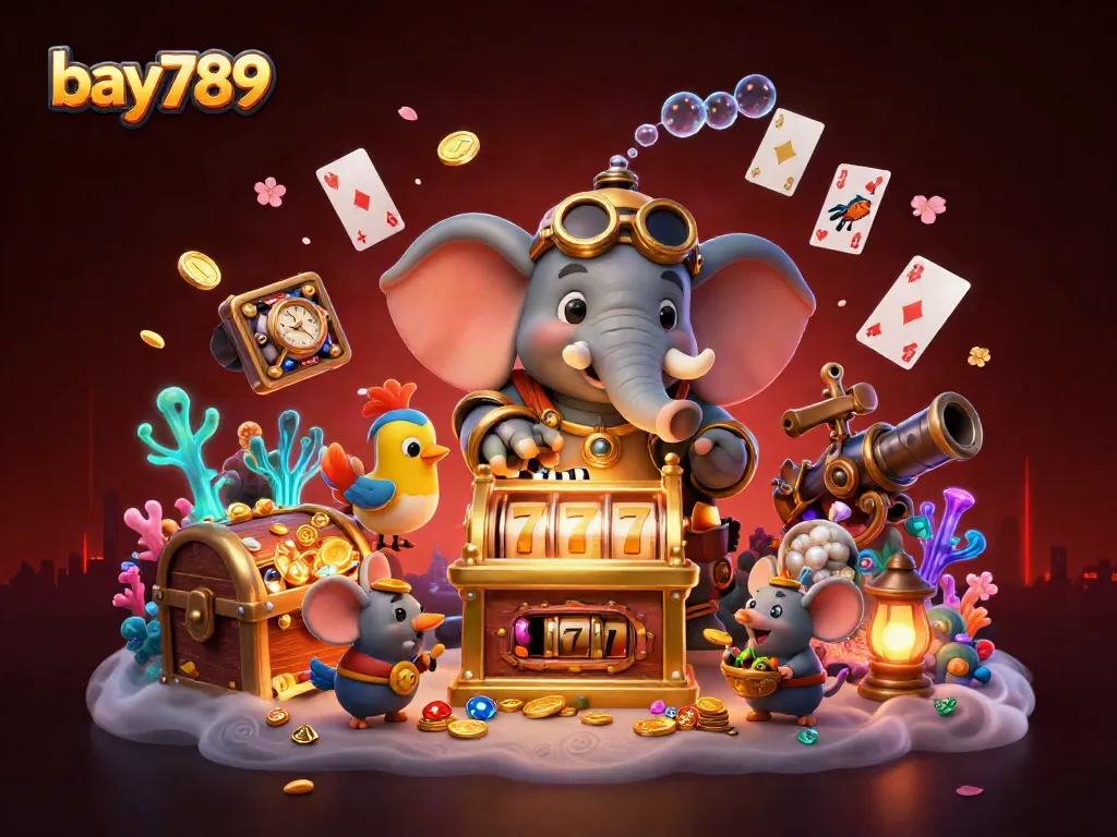 Experience thrilling gameplay at bay789 with a steampunk twist, featuring vibrant 3D elements including slot machines and treasures.