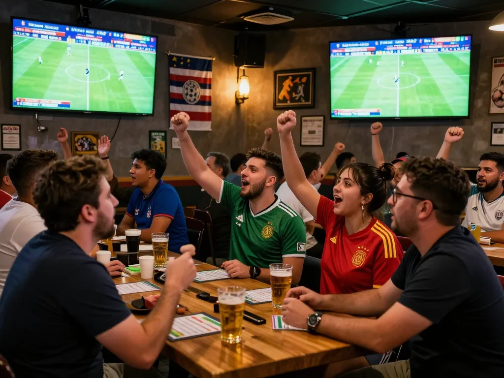 Engaged fans watching worldcup2026 matches and placing bets in a lively sports bar