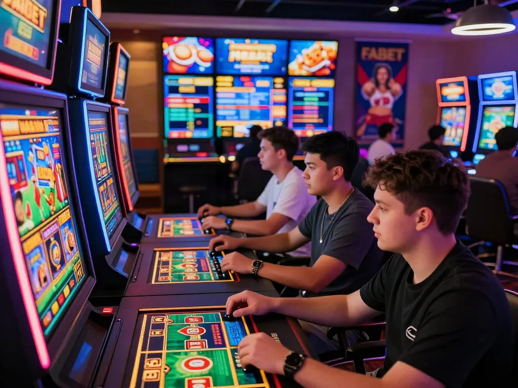 Exciting FABET online gambling scene with players engaged in sports betting and vibrant 3D game graphics.