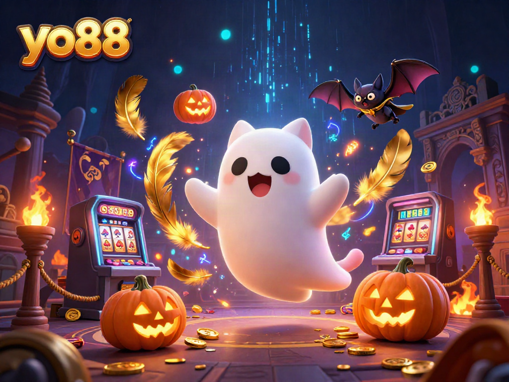 Experience the thrill of yo88 in a vibrant haunted casino scene with a ghost cat and a vampire bat.