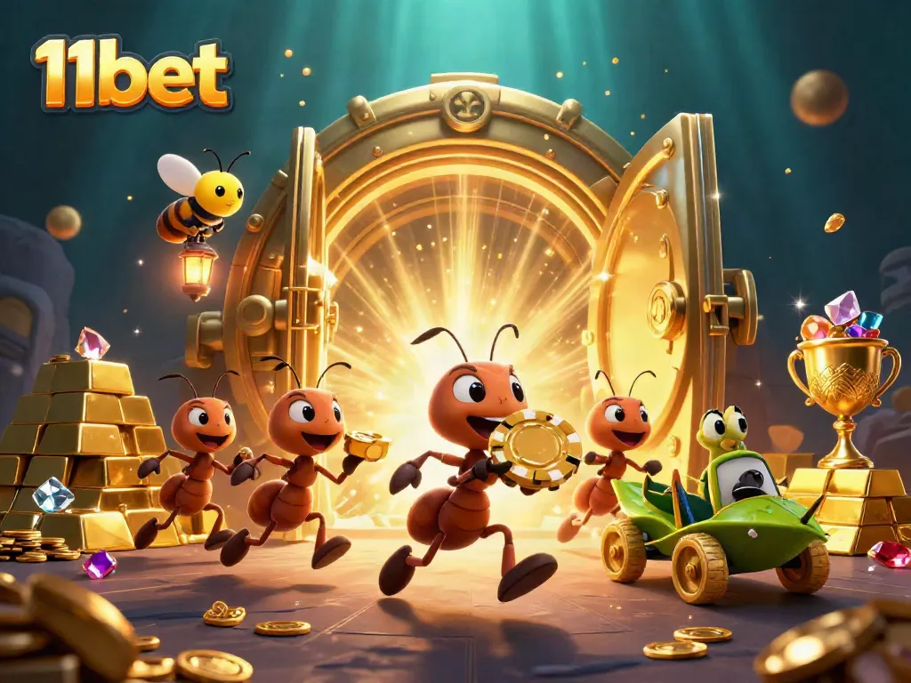 Engage with 11bet's exciting gaming world, depicted by a heist of ants carrying a golden poker chip.