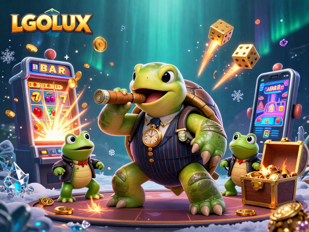 Experience the excitement of LGOLUX with a cartoon snapping turtle in a casino scene bursting with jackpots.
