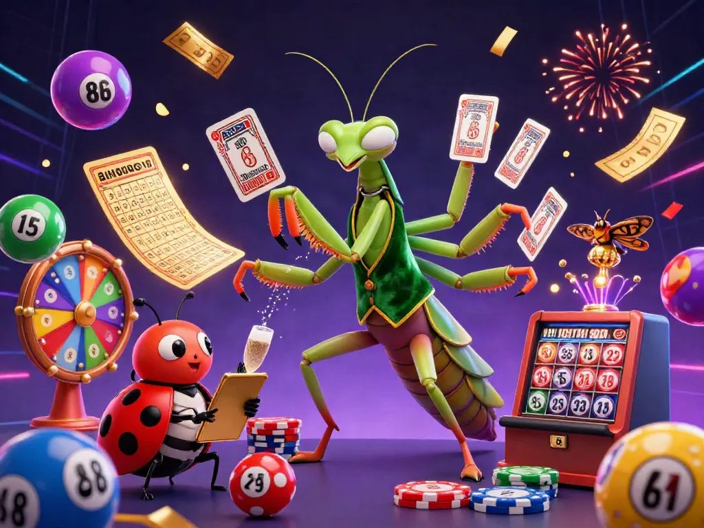 Dynamic casino scene featuring au88's vibrant gaming elements, including lottery balls and gaming characters.
