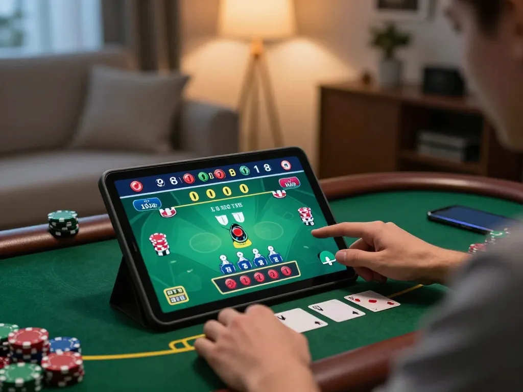 Engaged player at home using gg88 platform for live dealer blackjack on tablet, showcasing exciting game action.