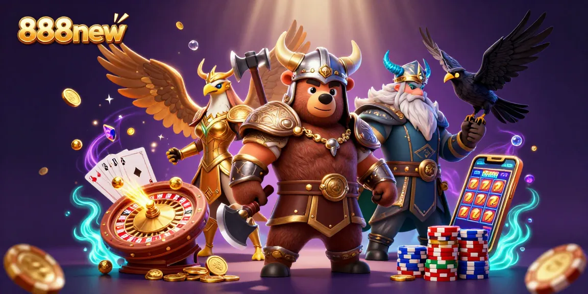 Win big at 888new with an exciting 3D illustration of a Viking bear, Valkyrie eagle, and gambling elements.