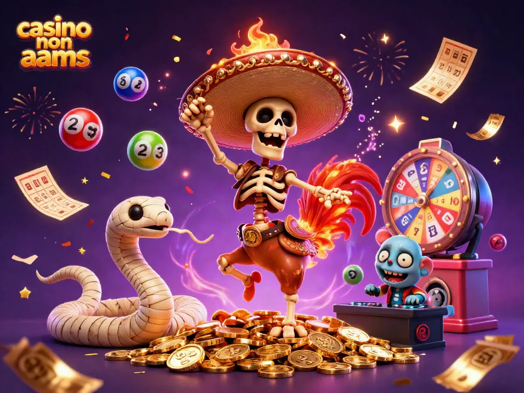 Vincita ai casino non AAMS: un gallo mariachi celebra tra monete dorate e palline colorate.