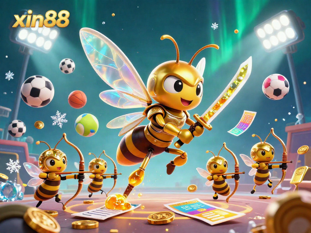 Experience the dynamic world of xin88 with this vibrant 3D casino scene featuring a golden hornet and sports elements.