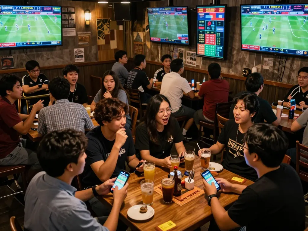 Bongdallu users engaged in enthusiastic sports betting in a lively bar atmosphere.