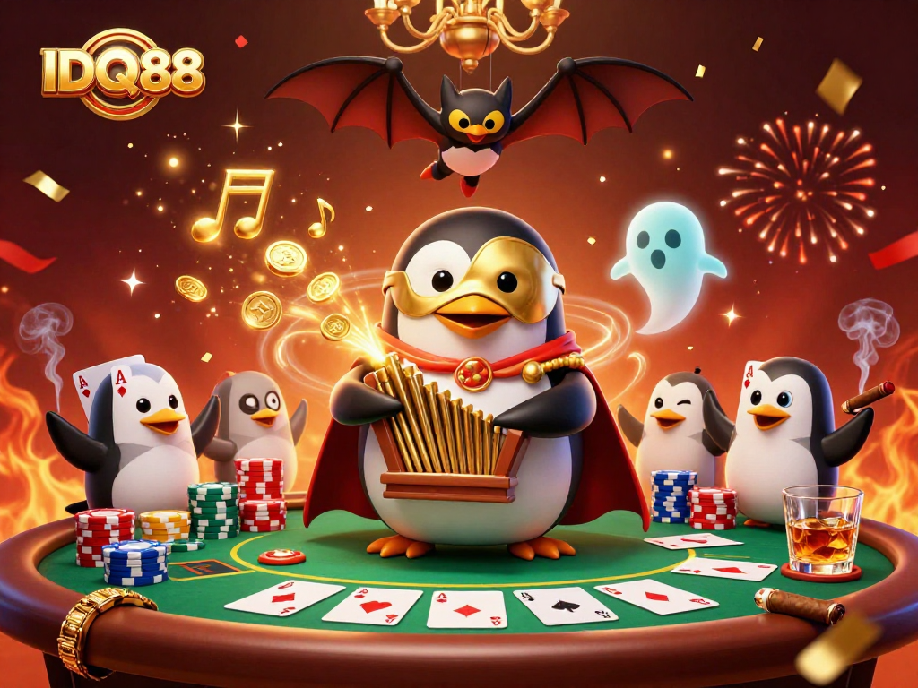 IDQQ88 showcases an acrobatic bat above a penguin organist amidst a celebratory casino scene.