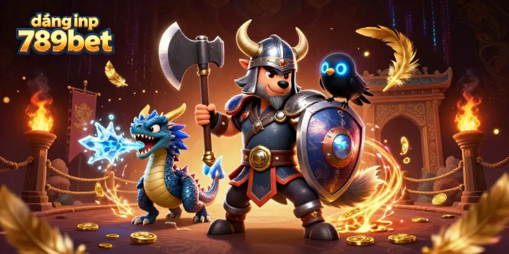 Engage in thrilling gameplay at đăng nhập 789bet with a dynamic illustration of casino warriors and dragons.