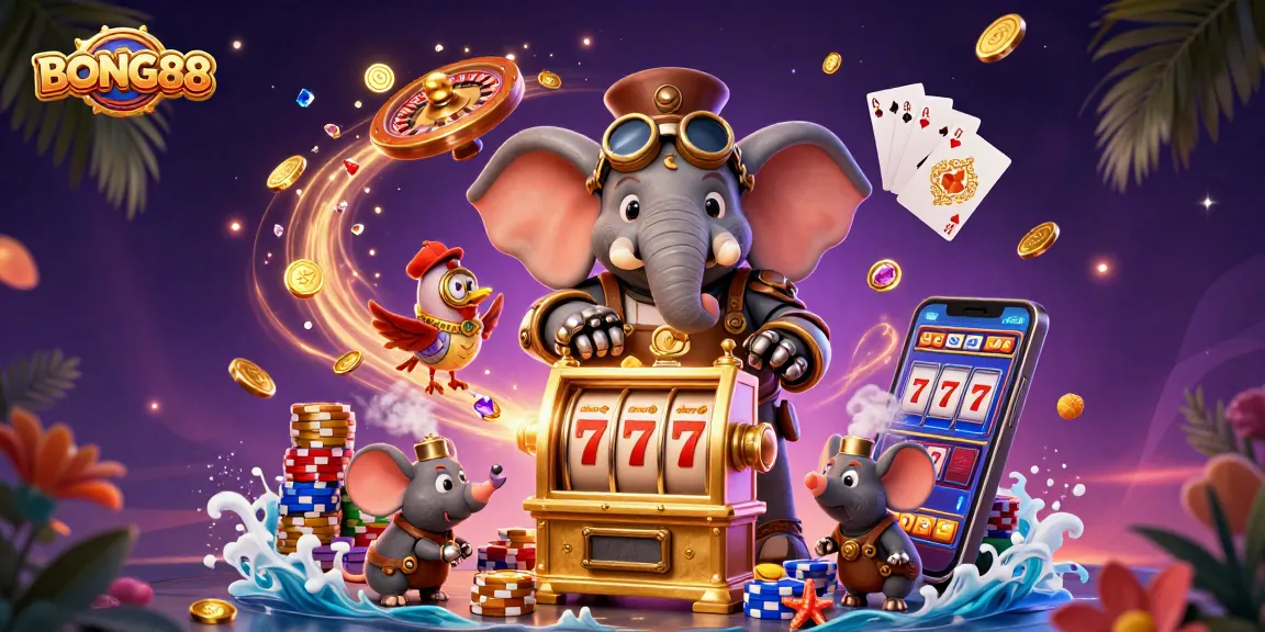 BONG88 players winning big at the slot machine with golden coins and vibrant casino elements.