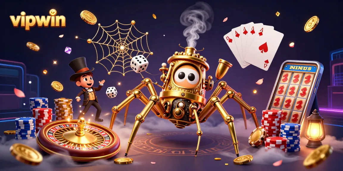 Experience the excitement of vipwin with this vibrant 3D illustration of a steampunk spider catching dice in a dazzling casino.
