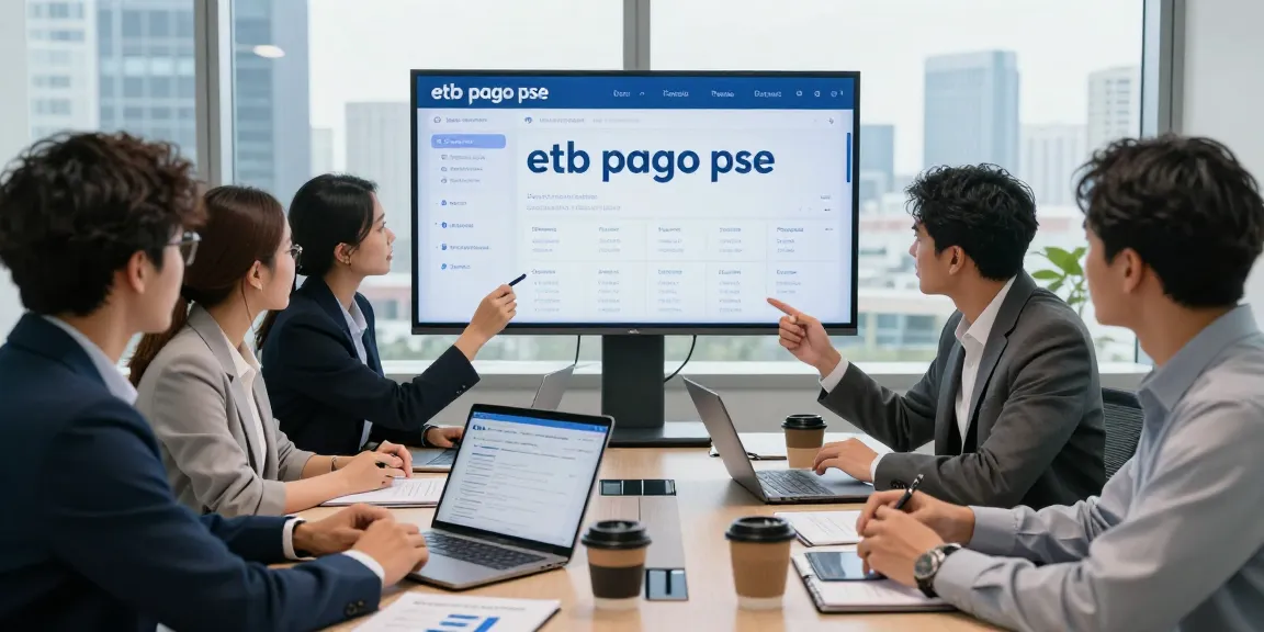 Equipo analizando el panel de pago digital 'etb pago pse' en oficina moderna.