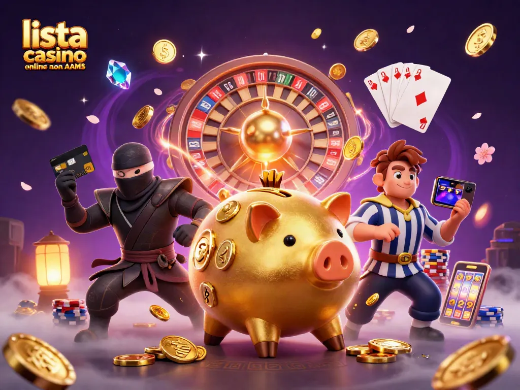 Scopri la lista casino online non AAMS con l'illustrazione di un grande maiale dorato e elementi di gioco vivaci.