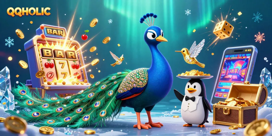 Experience the thrill of QQHOLIC with vivid casino games and animated character art in a vibrant scene.