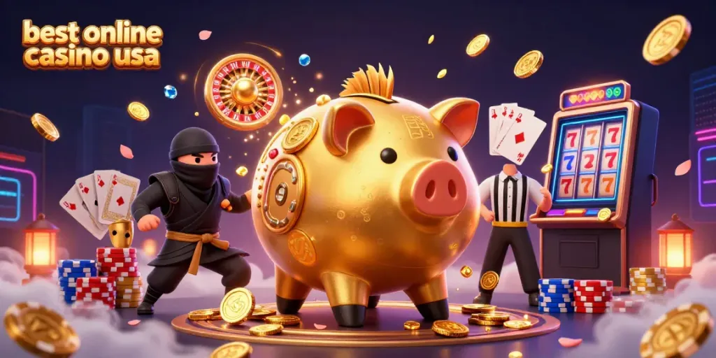 Experience the excitement at the best online casino usa with a dynamic scene featuring gaming elements and characters.