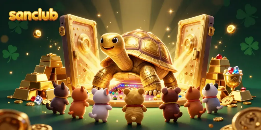 Engage with sanclub's vibrant casino scene, featuring a colossal golden tortoise and rich treasures.